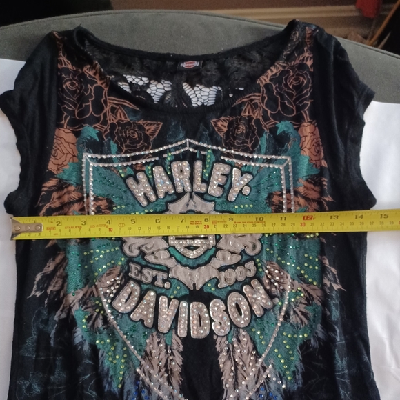 Harley Davidson Rose Wing Tee XS Black -Lace Back -Rhinestone Embellished - Picture 7 of 10